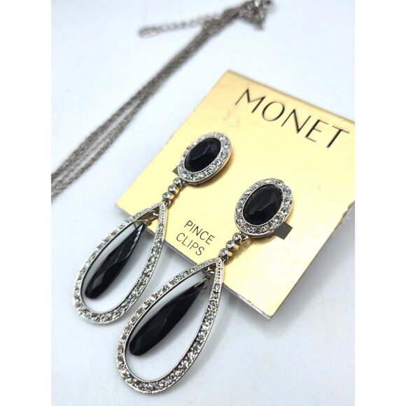 Monet Black Rhinestone Necklace & Earrings Set New Old Stock Vintage Clip Ons - Picture 3 of 7